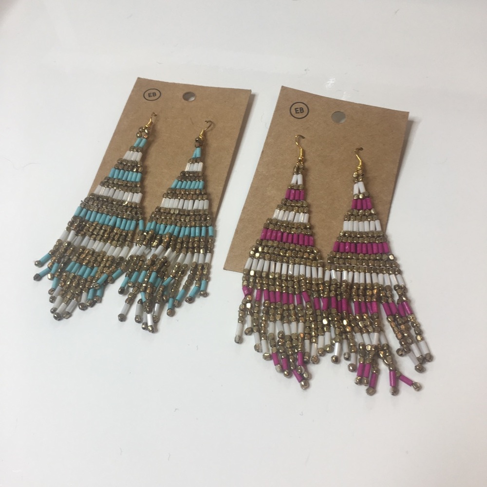 Two Pairs of Beaded Dangly Earrings pink and blue